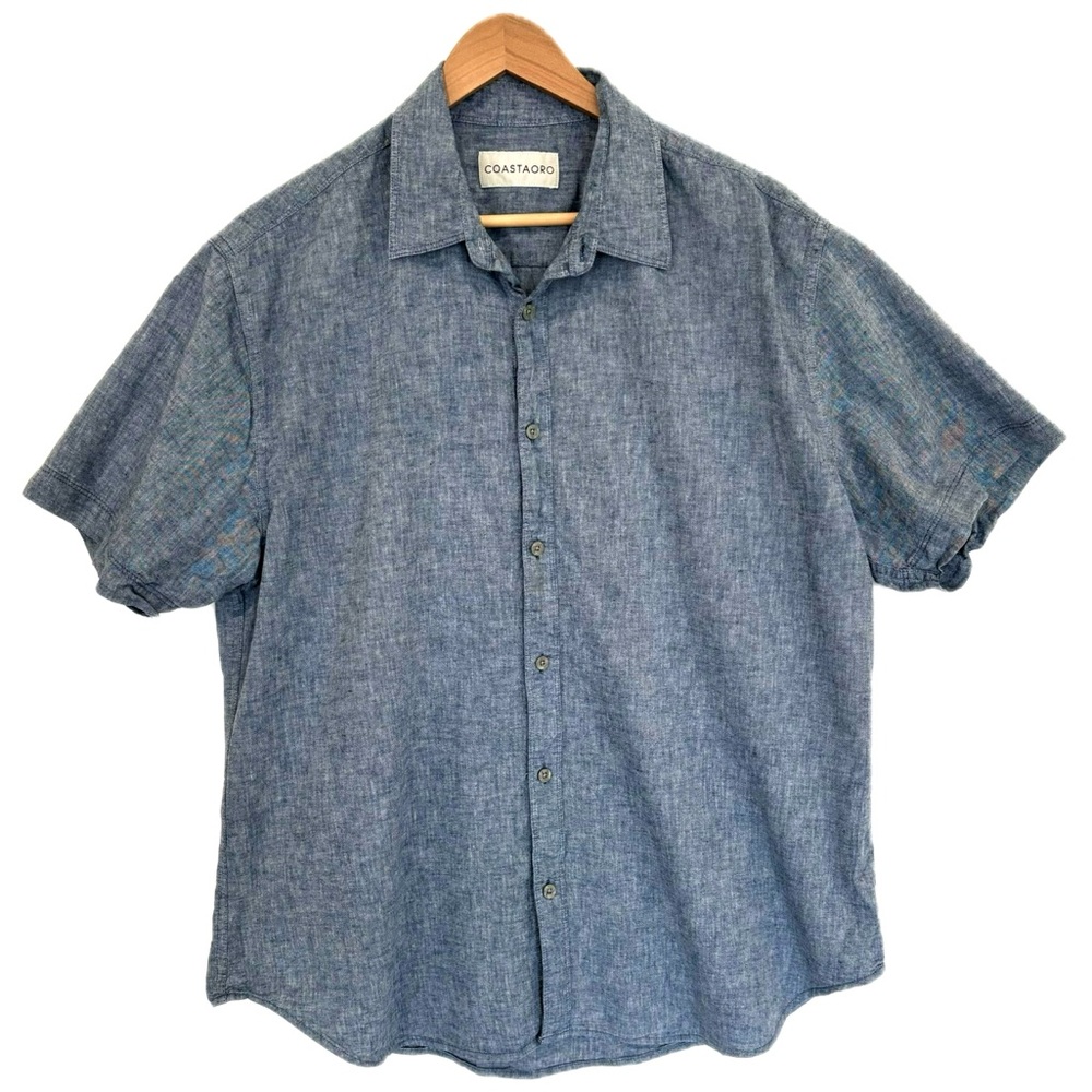 Coastaoro Mens Linen Cotton Chambray Denim Shirt Size Large Short Sleeve Button